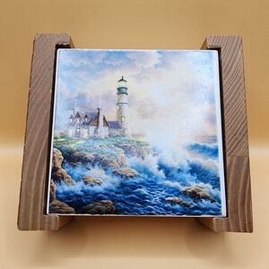 4 Thomas Kinkade Ceramic Drink Coaster Set Lighthouse Nautical Wooden Holder